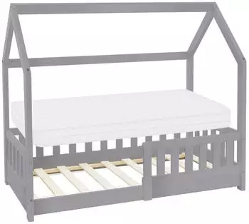 ML-Design Hausbett 70x140cm mit Matratze, Rausfallschutz, Kiefernholz, Hellgrau (490007358)