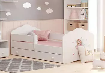 Kids Collective Kinderbett mit Matratze, Schublade, Lattenrost & Rausfallschutz, Prinzessin-Motiv, wei&szlig; (80x160cm)