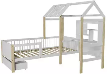 Juskys Yari Kinderbett 90x200cm mit Schreibtisch & Schublade, Kiefernholz, Wei&szlig;/Natur (301792)