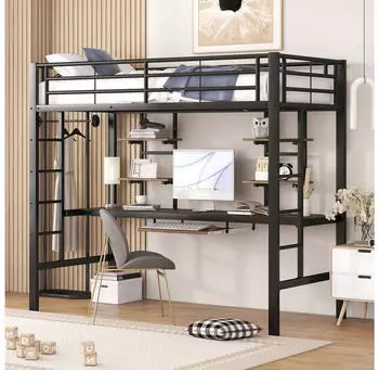 Flieks Hochbett mit Schreibtisch, Bücherregal & Tastaturablage, Metall, 90x200cm, Schwarz