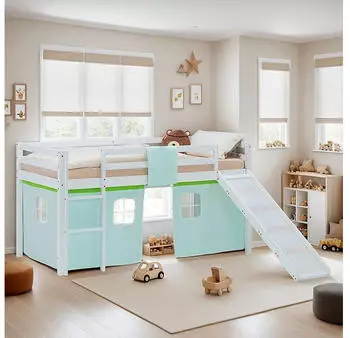 Homestyle4u Kinderhochbett 90x200 mit Rutsche, Matratze und Vorhang, Gr&uuml;n (2980)