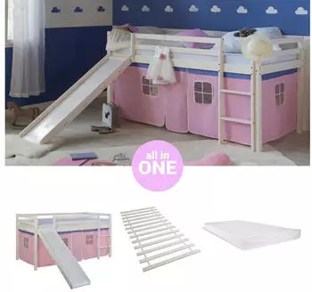 Homestyle4u Hochbett 90x200 Kinderbett mit Rutsche, Matratze, Vorhang, Wei&szlig;/Rosa (2558)