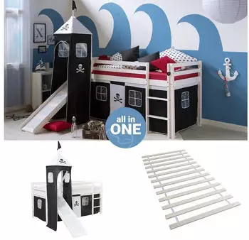 Homestyle4u Hochbett 90x200 Kinderbett mit Rutsche, Turm und Lattenrost (2541)