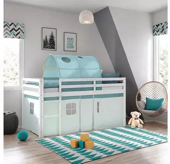 Homestyle4u Hochbett 90x200cm Kiefer Wei&szlig;/Mintgr&uuml;n mit Vorhang & Tunnel (2943)