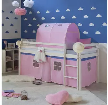 Homestyle4u Kinderhochbett mit Rutsche, Vorhang & Tunnel, Wei&szlig;/Rosa, 90x200cm