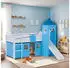 Homestyle4u Kinderhochbett 90x200 mit Rutsche, Turm, Vorhang, Lattenrost, Blau/Weiß, Kiefer (2993)