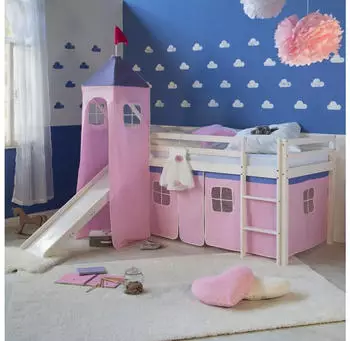 Homestyle4u Kinderhochbett mit Rutsche, Turm und Vorhang 90x200cm, Rosa