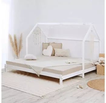 Homestyle4u Hausbett 90x200 ausziehbar, Kiefer wei&szlig;, 2 Matratzen & Lattenrost (2719)