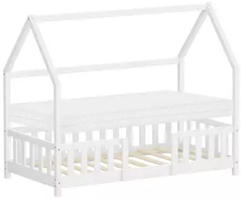 ML-Design Hausbett Kinderbett 80x160cm mit Matratze, Rausfallschutz & Lattenrost, Kiefernholz, Wei&szlig;