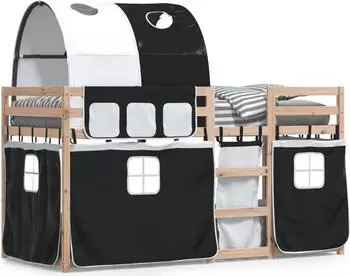 vidaXL Etagenbett mit Vorh&auml;ngen Wei&szlig; Schwarz 90x200 cm Kiefernholz (3284018)