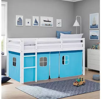 Homestyle4u Hochbett 90x200 Kiefer Massiv Wei&szlig; mit Vorhang Blau (2984)