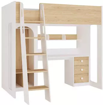 Kauf-Unique ALVENOU Hochbett 90x190cm mit Kleiderschrank und Schreibtisch, Natur/Weiß (ALVENOU)