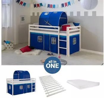 Homestyle4u Hochbett 90x200 mit Matratze, Lattenrost, Tunnel & Vorhang, Blau/Wei&szlig; (2569)