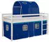 Homestyle4u Hochbett 90x200 mit Matratze, Lattenrost, Tunnel & Vorhang, Blau/Weiß (2569)