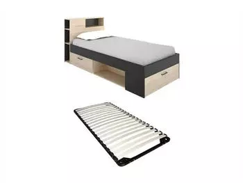 Kauf-Unique Leandre Bett mit Kopfteil, Kommode und Schublade, 90x190cm, Anthrazit/Natur (LEANDRE)
