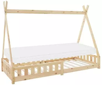 ML-Design Tipi Kinderbett Kiefernholz 90x200cm mit Matratze & Lattenrost (Natur)