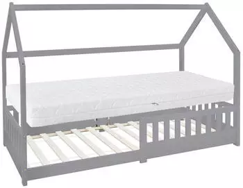 ML-Design Hausbett mit Matratze, Rausfallschutz, Kiefernholz, 90x200cm, Hellgrau