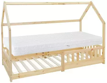 ML-Design Hausbett 90x200cm Kiefernholz Natur mit Matratze & Rausfallschutz (490011422)