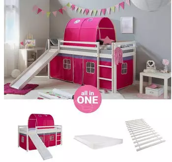 Homestyle4u Hochbett 90x200 Kinderbett Wei&szlig;/Pink mit Rutsche, Tunnel & Matratze (2584)