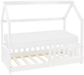 ML-Design Hausbett Kinderbett Kiefernholz wei&szlig; mit Matratze und Rausfallschutz 70x140cm