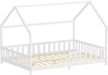 ML-Design Hausbett Kinderbett 140x200cm mit Rausfallschutz, Dach & Lattenrost, Kiefer Wei&szlig;