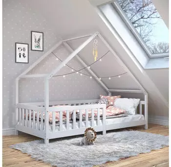 Idimex CORA Kinderbett Hausbett Massivkiefer Wei&szlig; 90x190cm mit Rausfallschutz (CORA)