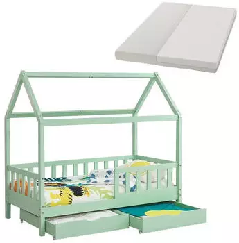 Juskys Marli Hausbett 80x160cm mit Bettkasten, Matratze & Rausfallschutz, Mint (Marli)