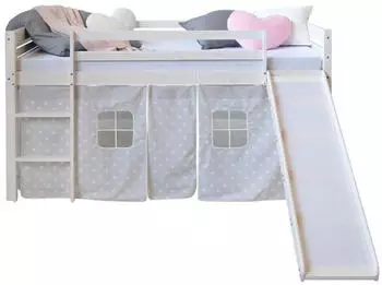 Homestyle4u Kinderhochbett 90x200 mit Rutsche und Vorhang, Wei&szlig;/Grau (2767)