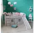 Homestyle4u Kinderhochbett 90x200 mit Rutsche und Vorhang, Weiß/Grau (2767)