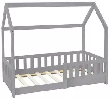 ML-Design Hausbett mit Rausfallschutz und Dach, Kiefer, Hellgrau, 70x140cm