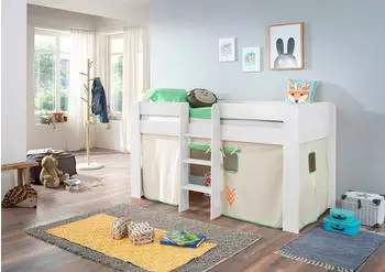 Relita Andi Hochbett 90x200cm, Buche Dekor wei&szlig;, Baumwollvorhang gr&uuml;n