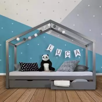 Homestyle4u Hausbett 90x200cm, Holz, Grau, mit Matratze und Bettkasten (2076)
