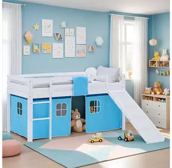 Homestyle4u Kinderhochbett 90x200 mit Rutsche, Lattenrost & Vorhang, Blau, Holz (2992)