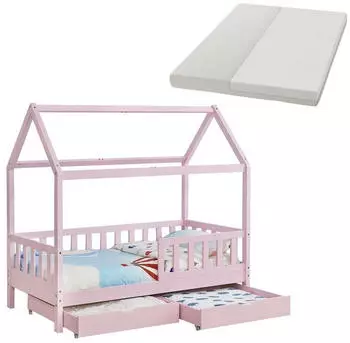 Juskys Marli Kinderhausbett 80x160cm mit Bettkasten, Matratze & Rausfallschutz, Rosa (Marli)