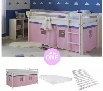 Homestyle4u Hochbett 90x200 mit Treppe, Vorhang, Matratze, Rosa (2556)