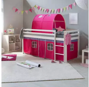 Homestyle4u Hochbett 90x200 Kiefer wei&szlig; mit Vorhang und Tunnel, Pink (1561)