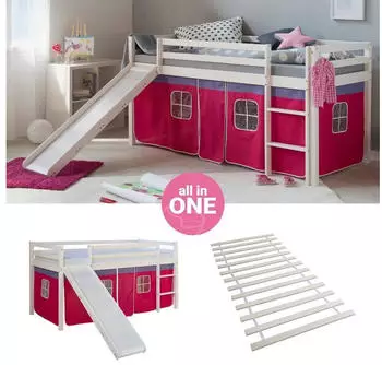 Homestyle4u Hochbett 90x200 Kinderbett mit Rutsche und Vorhang, Holz, Pink (2576)