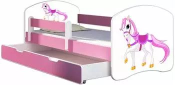 ACMA Kinderbett/Jugendbett mit Bettkasten, Matratze & Lattenrost, Rosa, Motiv 43 Kleines Pferd, 80x160cm (AIIR-160D-43-DE)