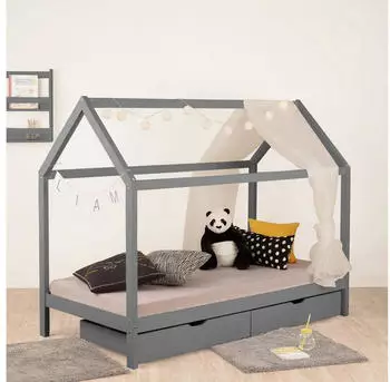 Homestyle4u Hausbett 90x200cm mit Matratze, Lattenrost & 2 Schubladen, Grau
