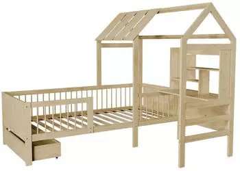 Juskys Yari Kinderbett 90x200cm mit Schreibtisch & Schublade, Kiefernholz, Haus-Design, Natur (301793)