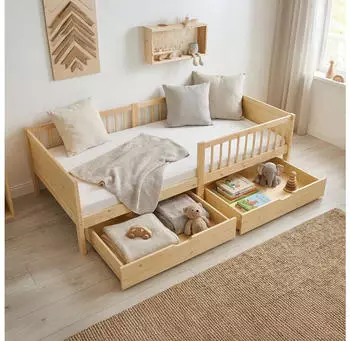 Homestyle4u Kinderbett 90x200 mit Rausfallschutz und 2 Schubladen Kiefer Natur (3230)