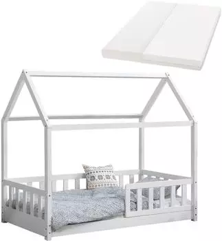 Juskys Marli Kinderbett Hausbett mit Matratze, Rausfallschutz & Lattenrost, 80x160cm, Wei&szlig;