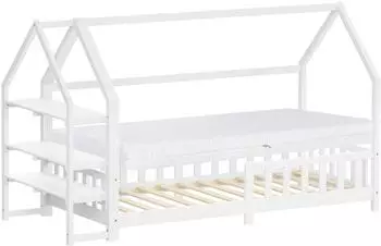 ML-Design Hausbett 90x200cm mit Matratze, Regal & Rausfallschutz, Kiefernholz, Weiß (ML-1856+ML-910)