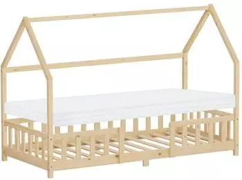 ML-Design Hausbett Kinderbett 90x200cm mit Matratze, Rausfallschutz, Lattenrost, Kiefernholz, Natur