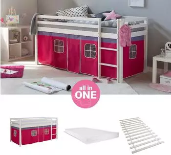 Homestyle4u Hochbett 90x200cm Kinderbett Kiefer Wei&szlig;/Pink mit Matratze (2580)