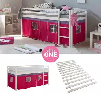 Homestyle4u Hochbett 90x200 mit Lattenrost und Vorhang, Holz, wei&szlig;/pink (2574)