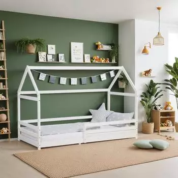 Homestyle4u Hausbett Kinderbett 90x200cm Wei&szlig; mit Rausfallschutz und Lattenrost (2385)