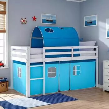 Homestyle4u Kinderhochbett 90x200cm Wei&szlig; mit Lattenrost und Tunnel Vorhang Blau (2991)