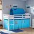 Homestyle4u Kinderhochbett 90x200cm Weiß mit Lattenrost und Tunnel Vorhang Blau (2991)