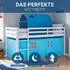 Homestyle4u Kinderhochbett 90x200cm Weiß mit Lattenrost und Tunnel Vorhang Blau (2991)